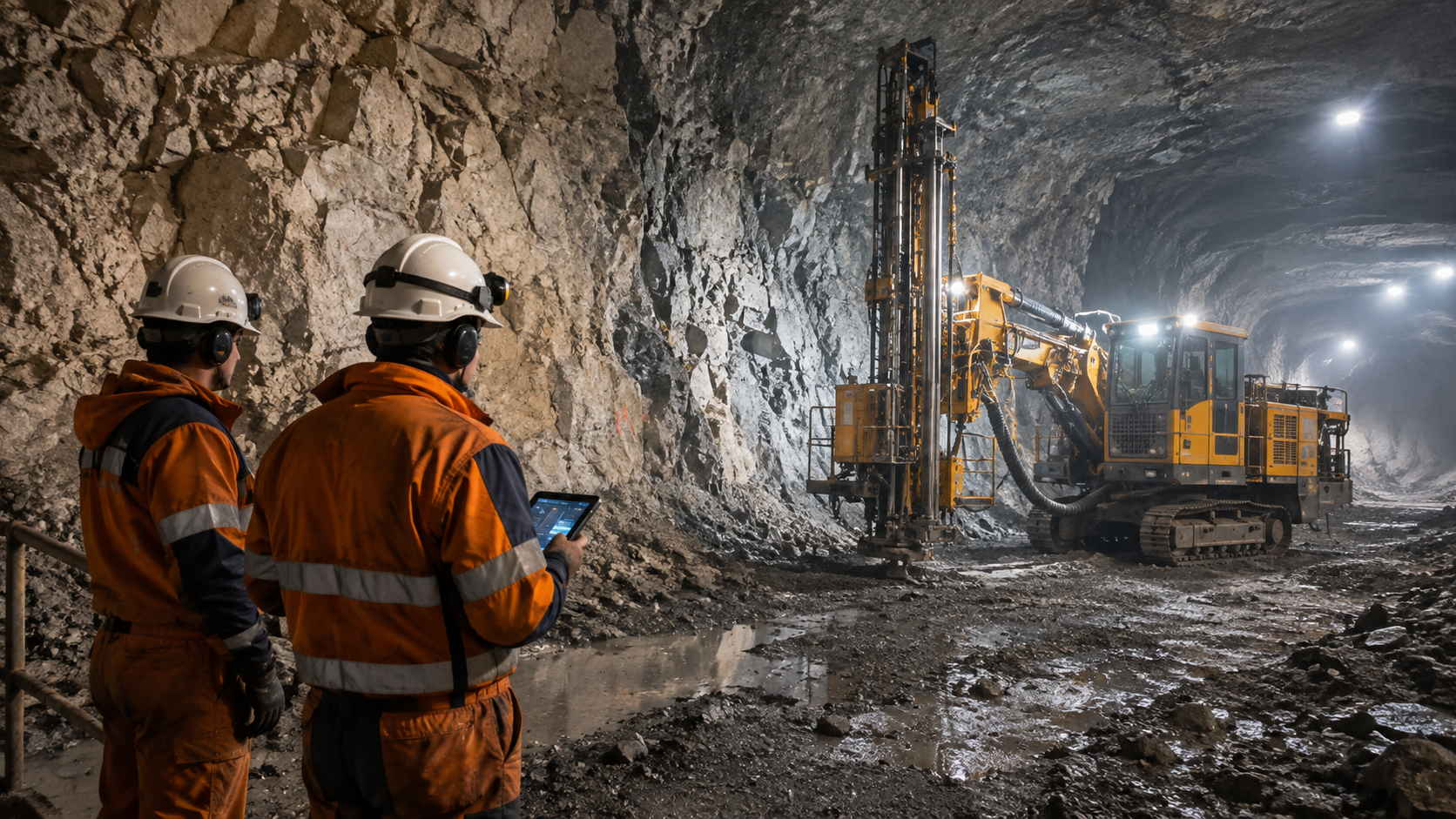 The image shows two workers in orange safety gear observing a large drilling machine inside a mine tunnel. The tunnel walls are rocky, and there are lights illuminating the workspace.