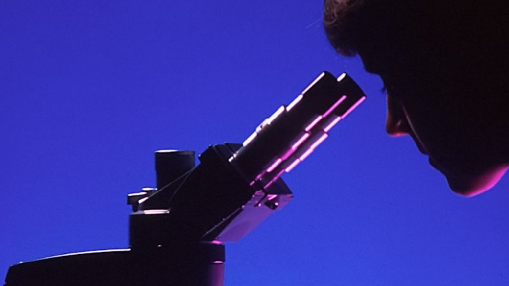 A profile of a female pathologist viewing a histological slide while sitting at a microscope. This dramatic shot has a blue background, with the microscope and the pathologist's features highlighted with magenta. Light is seen passing through the microscope's condensor to the objectives. — Credit: Photo by National Cancer Institute on Unsplash