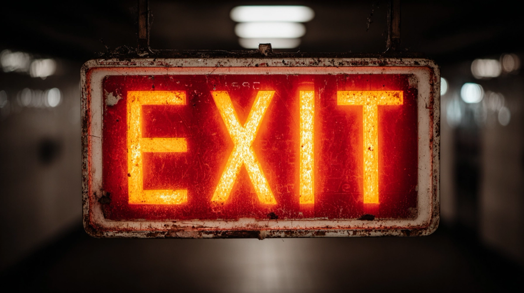 An illuminated EXIT sign hangs against a dimly lit background, indicating a way out. The sign is weathered, with visible wear and tear, suggesting it has been in place for a long time.