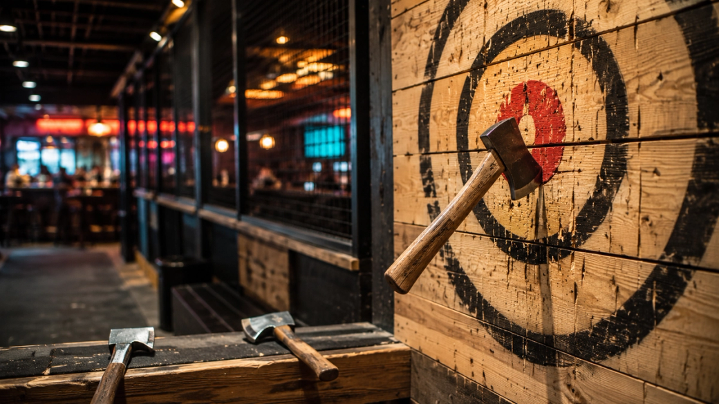 The image depicts an indoor axe throwing venue, featuring a wooden target with a red bullseye. An axe is embedded in the target, while additional axes are visible in the foreground, suggesting a recreational setting.