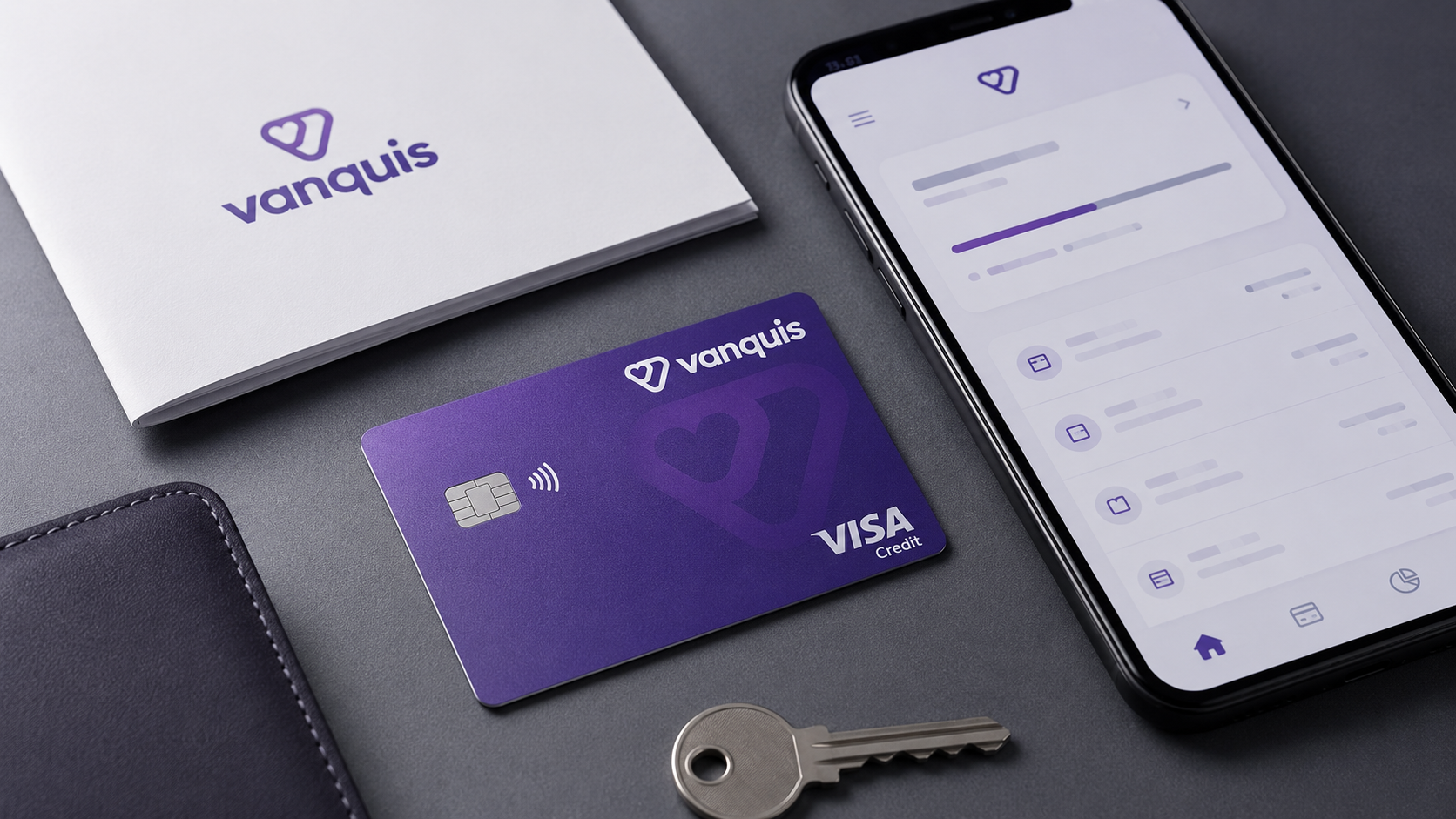 The image showcases a digital banking setup, featuring a Vanquis credit card alongside a smartphone displaying a banking app. Additional items include a notebook and a key, arranged on a gray background, emphasizing a modern financial lifestyle.