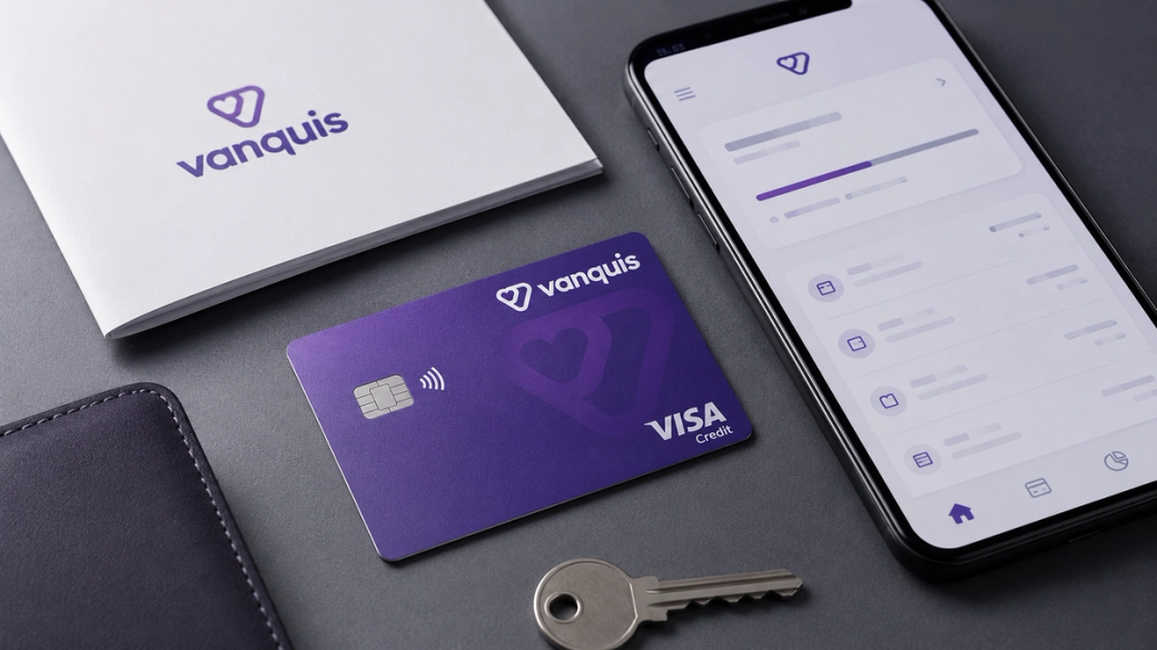 The image showcases a digital banking setup, featuring a Vanquis credit card alongside a smartphone displaying a banking app. Additional items include a notebook and a key, arranged on a gray background, emphasizing a modern financial lifestyle.