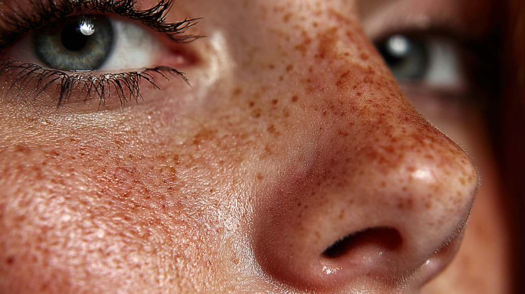 A close-up portrait of a person's face, highlighting their freckles and facial features. The image captures detailed textures of the skin and the vibrant color of the person's eyes.