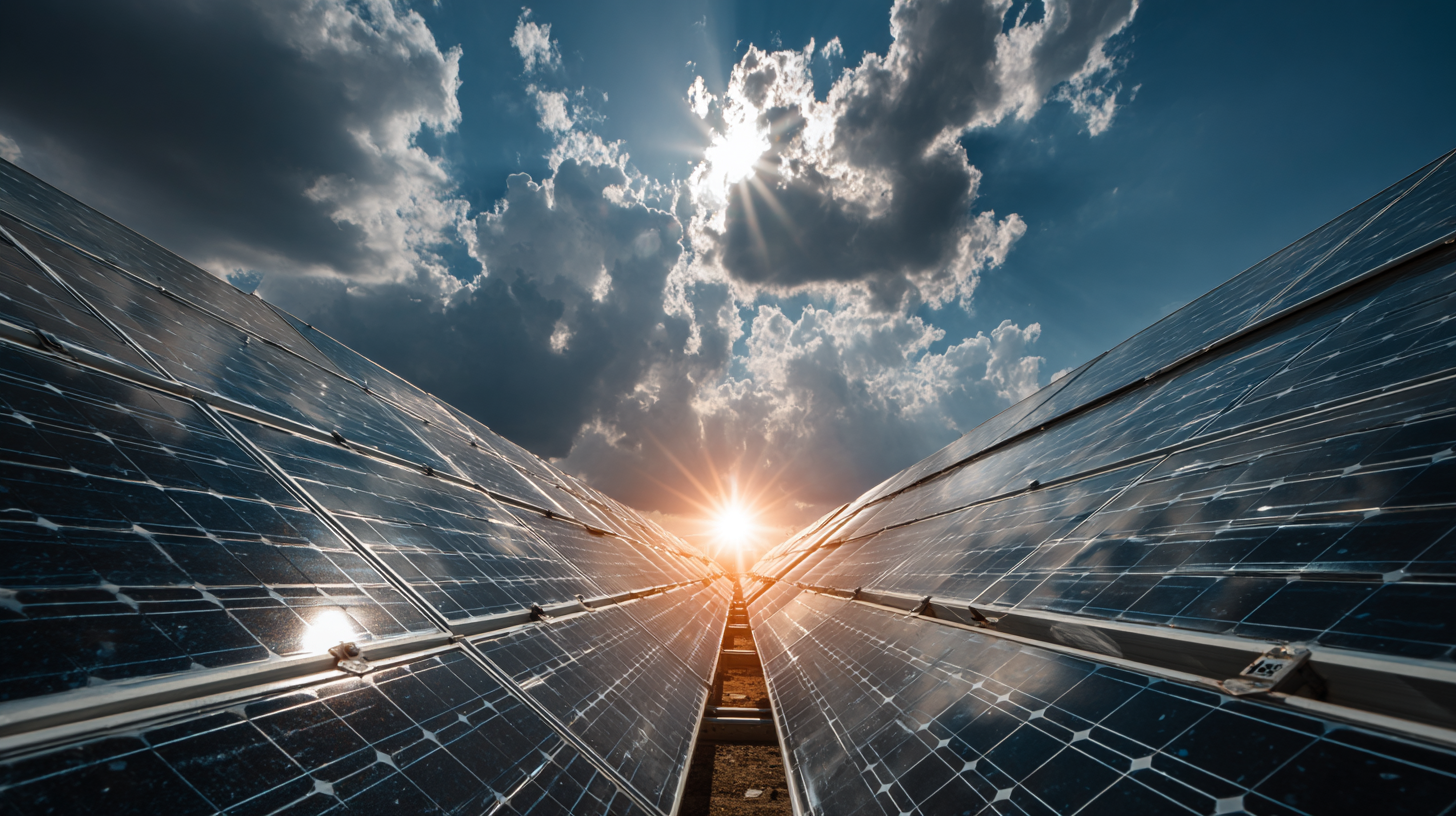The image depicts a solar panel installation with rows of solar panels facing the sun, illuminated by a dramatic sky filled with clouds. The sun is breaking through the clouds, casting rays of light over the panels.