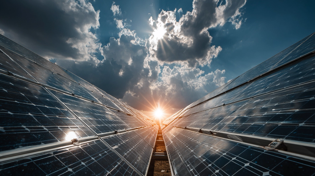 The image depicts a solar panel installation with rows of solar panels facing the sun, illuminated by a dramatic sky filled with clouds. The sun is breaking through the clouds, casting rays of light over the panels.