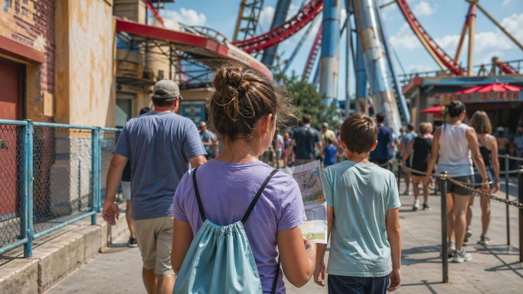 The image captures a busy amusement park scene with families and children walking along a pathway. A young girl holds a map while looking towards an amusement ride, indicating excitement and adventure.
