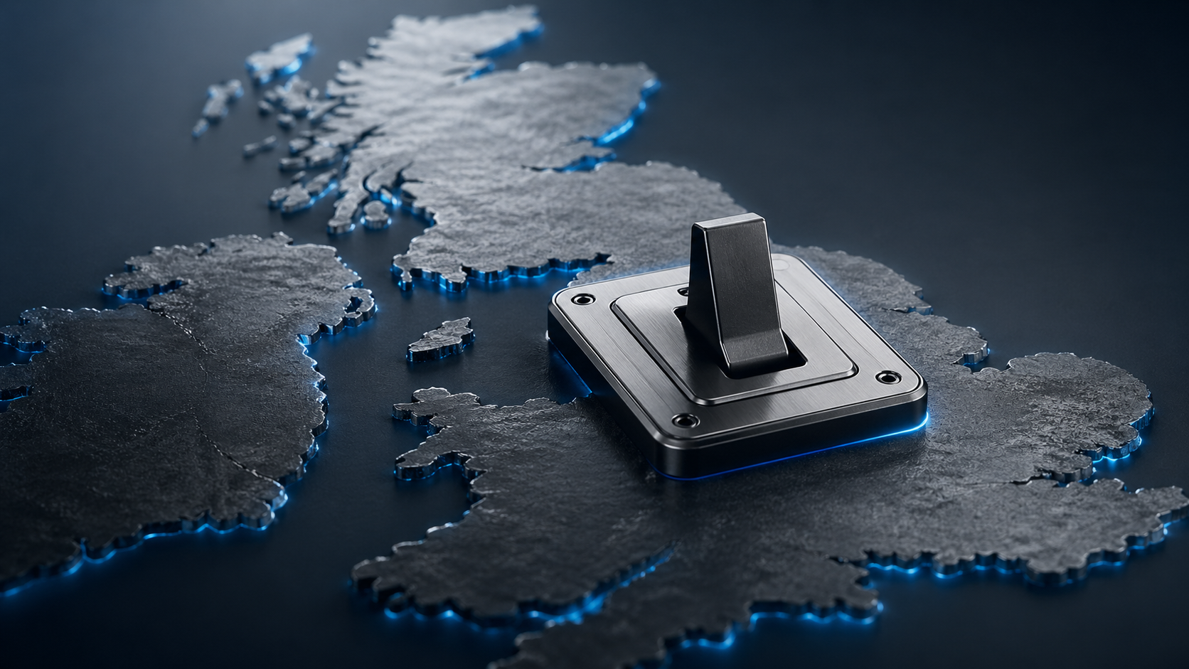 The image features a stylized depiction of the United Kingdom with a metallic switch positioned prominently on top. The background is dark, highlighting the silhouette of the map and the glowing edges around the outline of the countries.