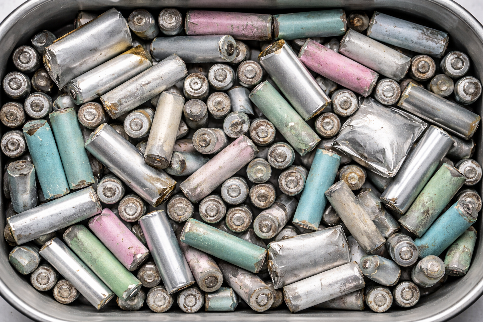 The image shows a collection of used batteries of various colors and sizes, stacked haphazardly in a metal container. The batteries appear worn and partially corroded, suggesting they have been discarded.