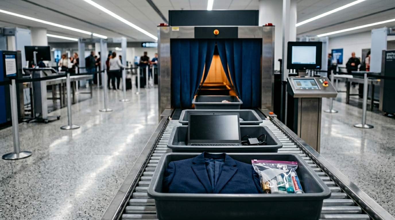 The image depicts a TSA-style security checkpoint lane featuring a row of grey plastic bins on a conveyor belt leading towards an X-ray machine. One bin contains a neatly folded jacket and a clear plastic bag of toiletries, while another holds an open laptop; the terminal's polished floor and fluorescent lighting contribute to a clinical atmosphere.