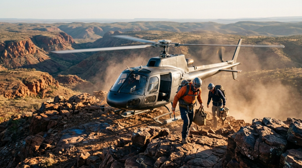 The image depicts two individuals descending from a helicopter on a rocky terrain, likely in a remote and rugged landscape. The scene captures the excitement of exploring the wilderness.