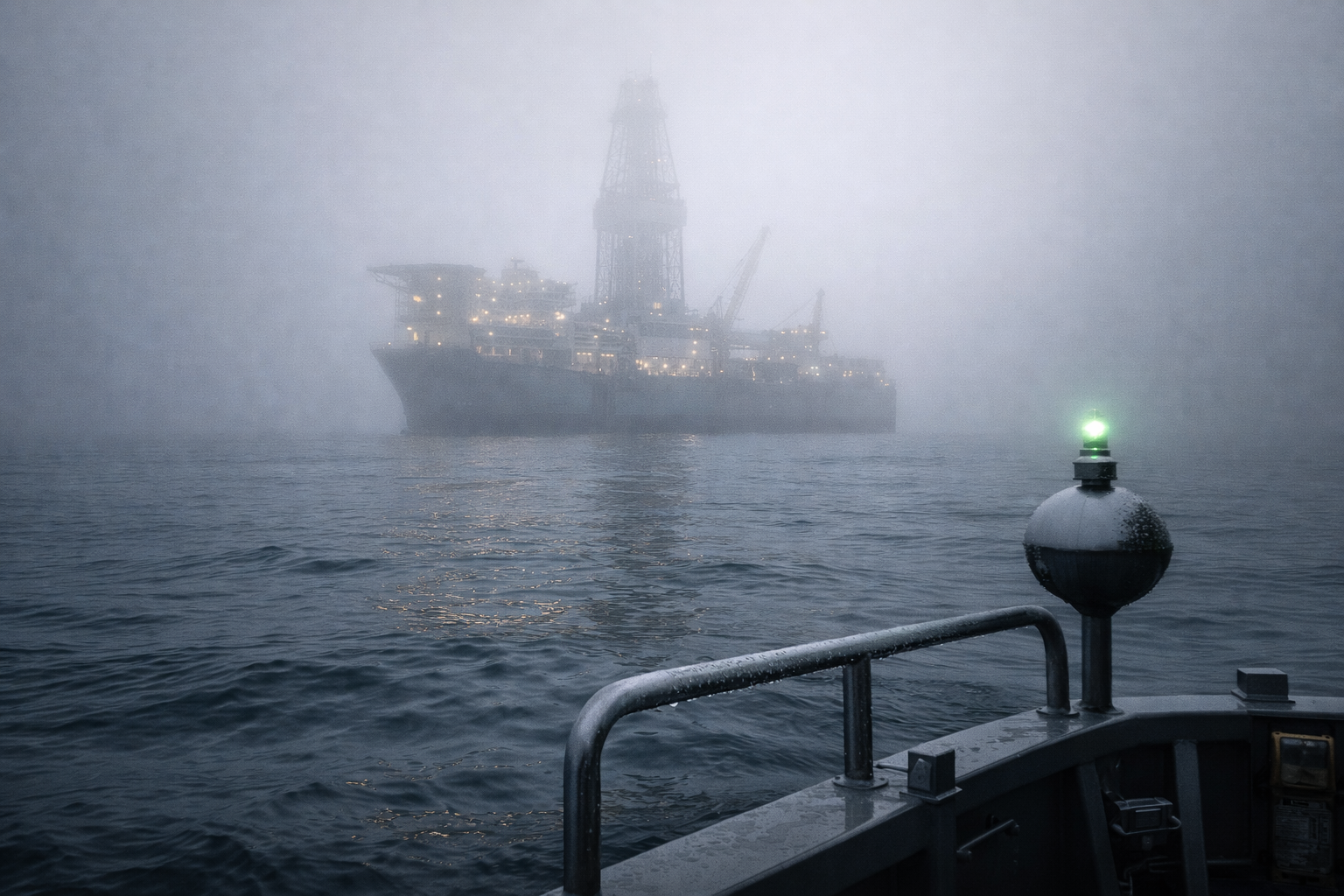 A foggy maritime scene featuring an oil drilling rig in the distance, partially obscured by mist. The foreground shows a boat railing and a light, enhancing the atmosphere of the image.
