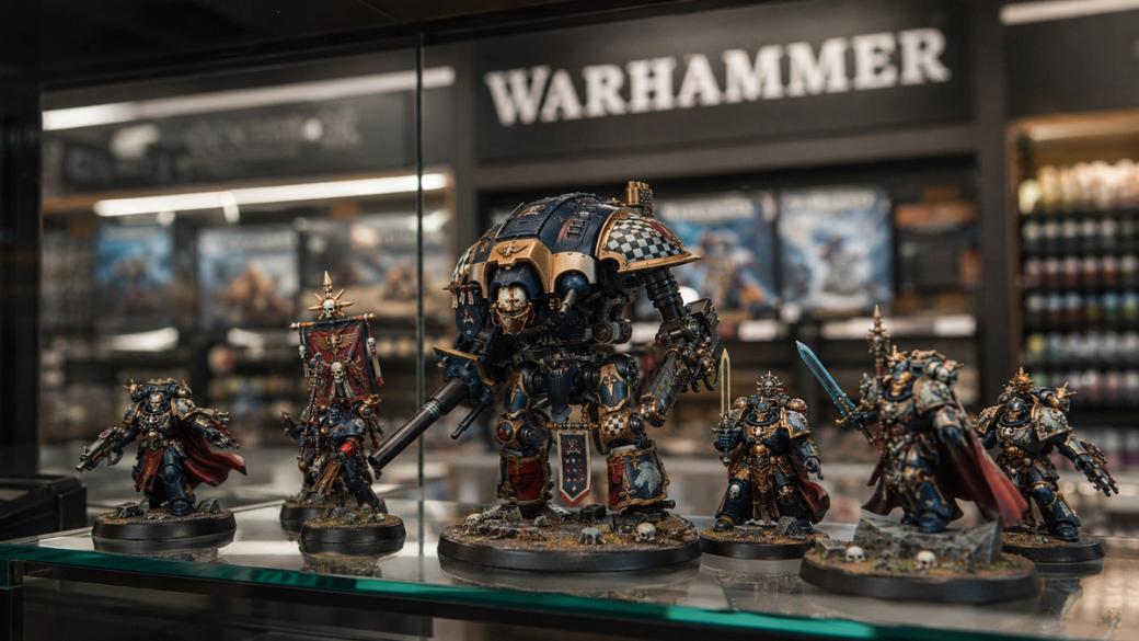 The image showcases a collection of intricately detailed Warhammer miniatures displayed in a glass cabinet. Prominent among them is a large mechanized figure with ornate embellishments, flanked by smaller characters dressed in elaborate armor.