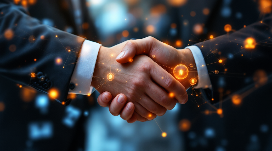 The image shows two business professionals shaking hands in a metaphorical representation of agreement and partnership. The background features an abstract digital network, highlighting technological connectivity.