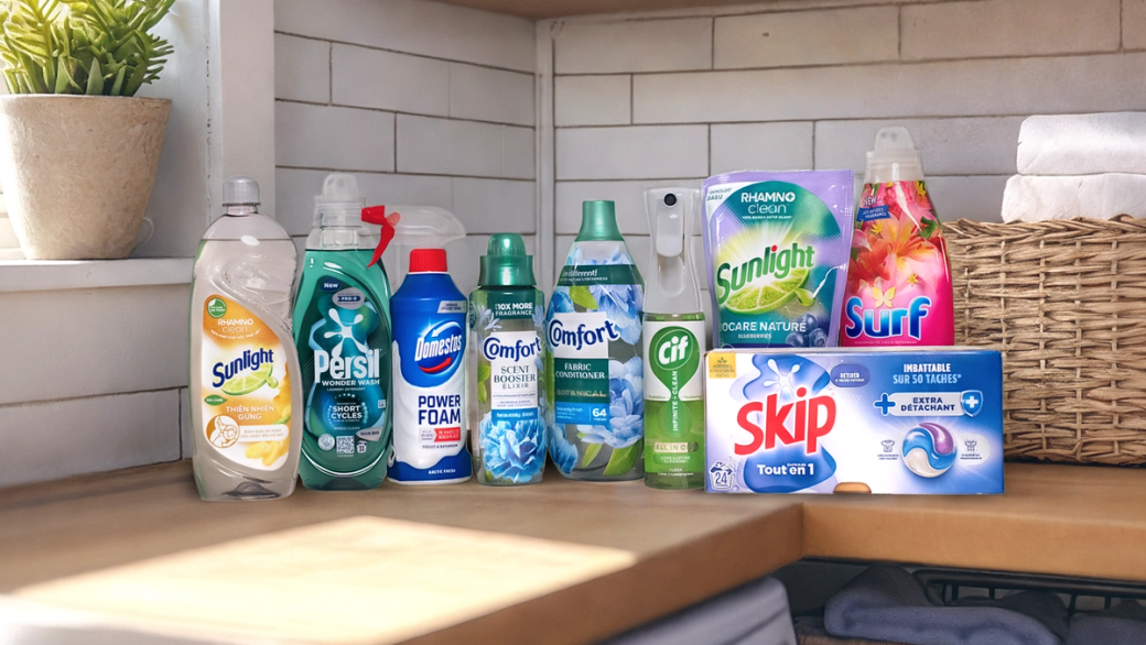 The image displays a collection of various household cleaning products arranged on a wooden surface in a domestic setting. The products include detergents and cleaners from several well-known brands.