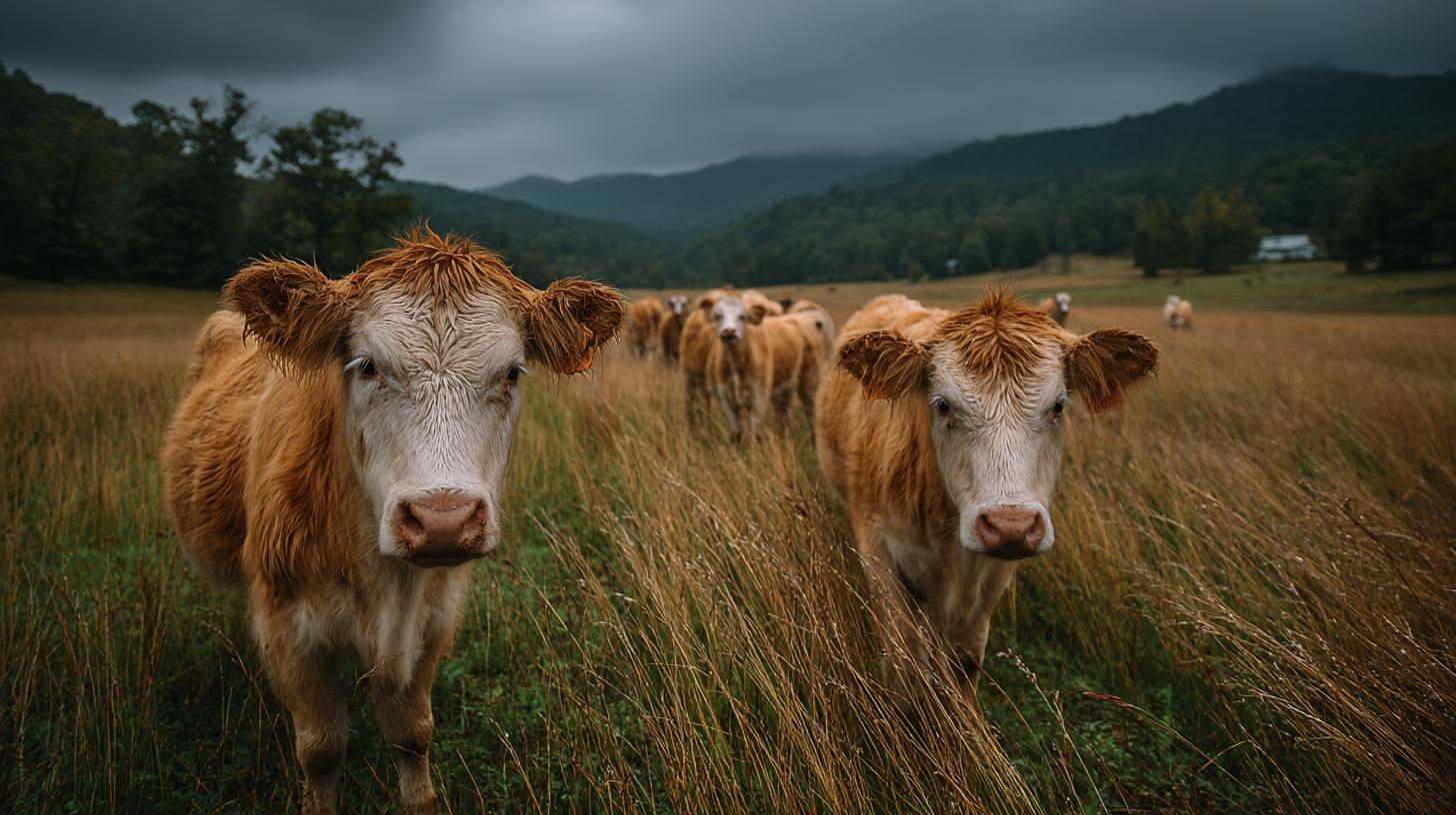 A group of brown and white cows stands in a lush, grassy field under a cloudy sky. The mountainous landscape in the background adds depth to the rural scenery.