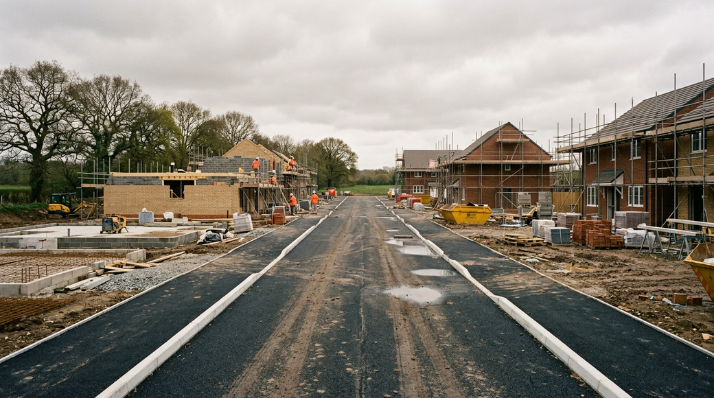 The image depicts a freshly laid tarmac access road cutting through an active housing development. Flanked by houses at various stages of completion, the road is bordered by unfinished plots with concrete foundations and scaffolding, illustrating a timeline of construction progress under a predominantly grey sky, with puddles reflecting the muted light.