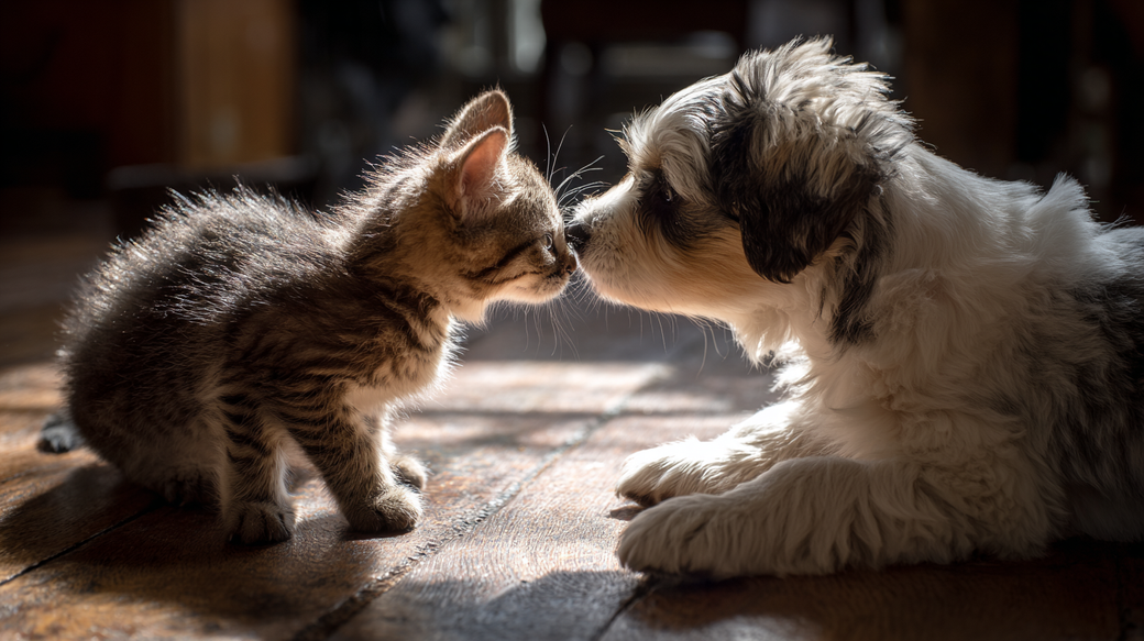 A cute kitten and a puppy are interacting closely in a warm, sunlit environment. The animals are touching noses, showcasing a moment of curiosity and affection between them.