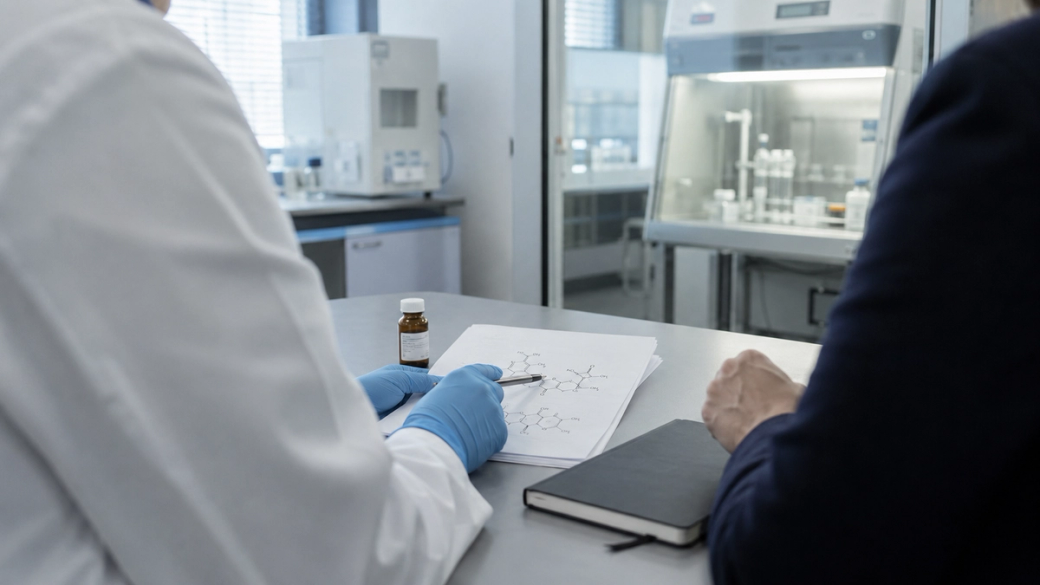 The image shows two individuals in a laboratory setting, one wearing a lab coat and gloves, reviewing a chemical structure on a piece of paper. A sterile workstation is visible in the background, indicating a focus on scientific research.
