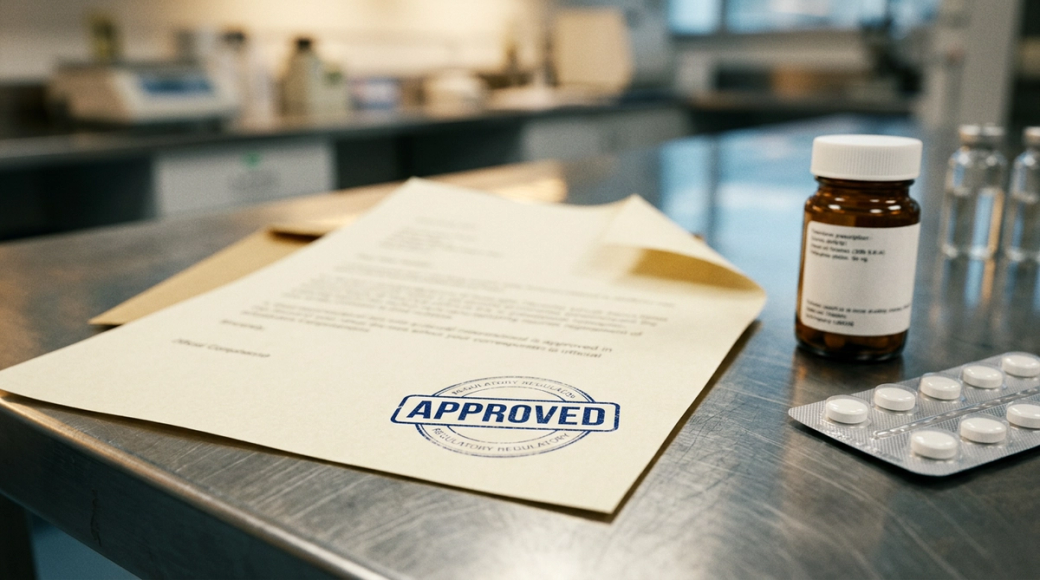 The image features an official approval letter lying on a polished stainless steel laboratory surface, accompanied by a small amber prescription bottle and a blister pack of white tablets. A prominent blue rubber stamp marked 'APPROVED' indicates regulatory clearance, emphasizing the critical nature of the document in a professional pharmaceutical context.