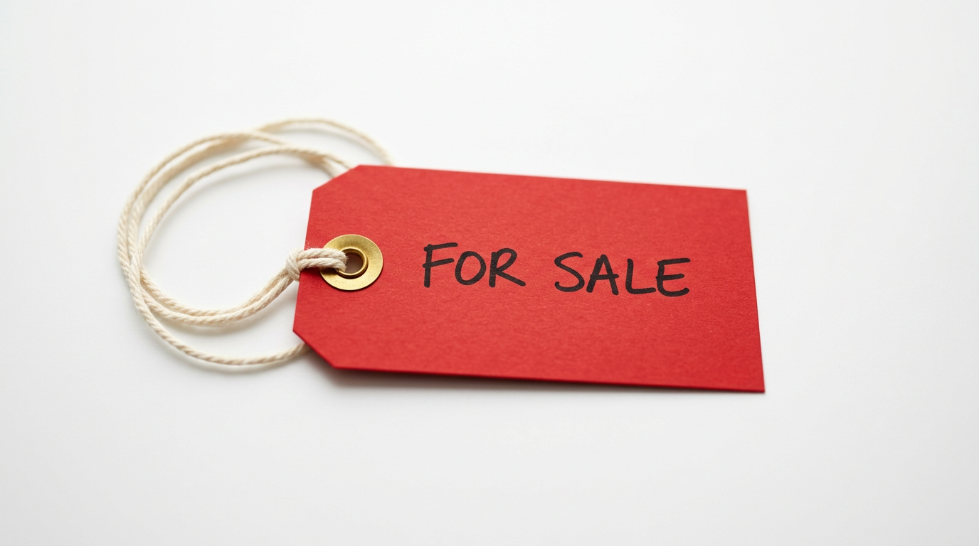 The image features a single red price tag lying flat on a white surface, with 'FOR SALE' hand-written in bold black letters. The brass eyelet and loosely coiled string indicate the tag has been recently detached, embodying a sense of availability and potential transactions in a simplified market context.