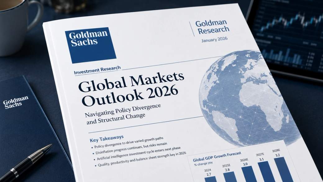 The image features a financial report titled 'Global Markets Outlook 2026' from Goldman Sachs. It includes graphs and key takeaways related to investment research and market trends.