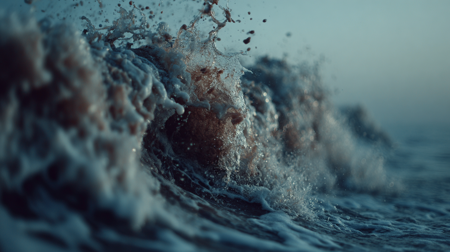 The image captures a close-up view of ocean waves crashing with splashes of water. The focus is on the texture and movement of the water, creating a dynamic and fluid scene.