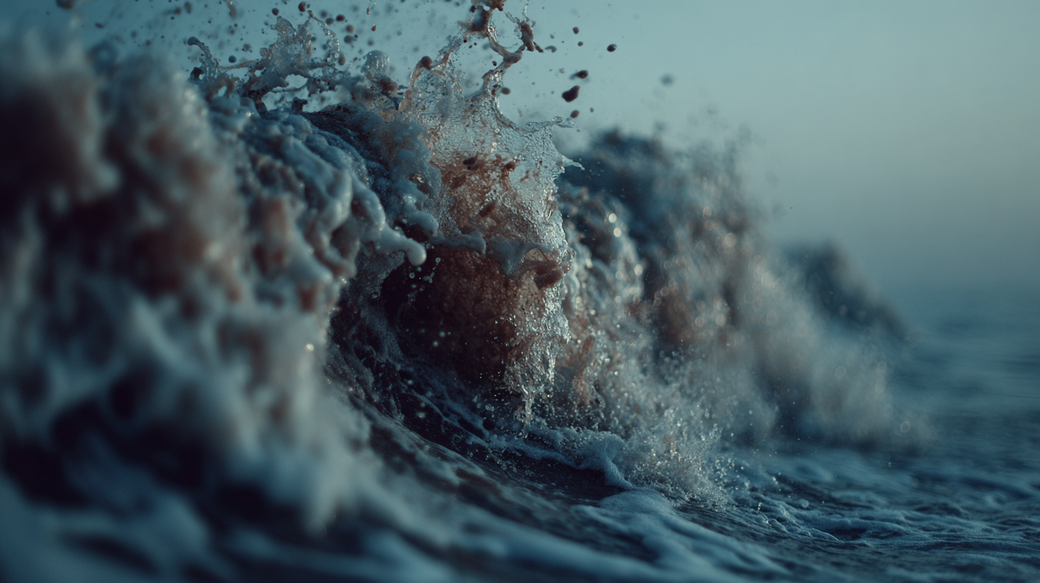 The image captures a close-up view of ocean waves crashing with splashes of water. The focus is on the texture and movement of the water, creating a dynamic and fluid scene.