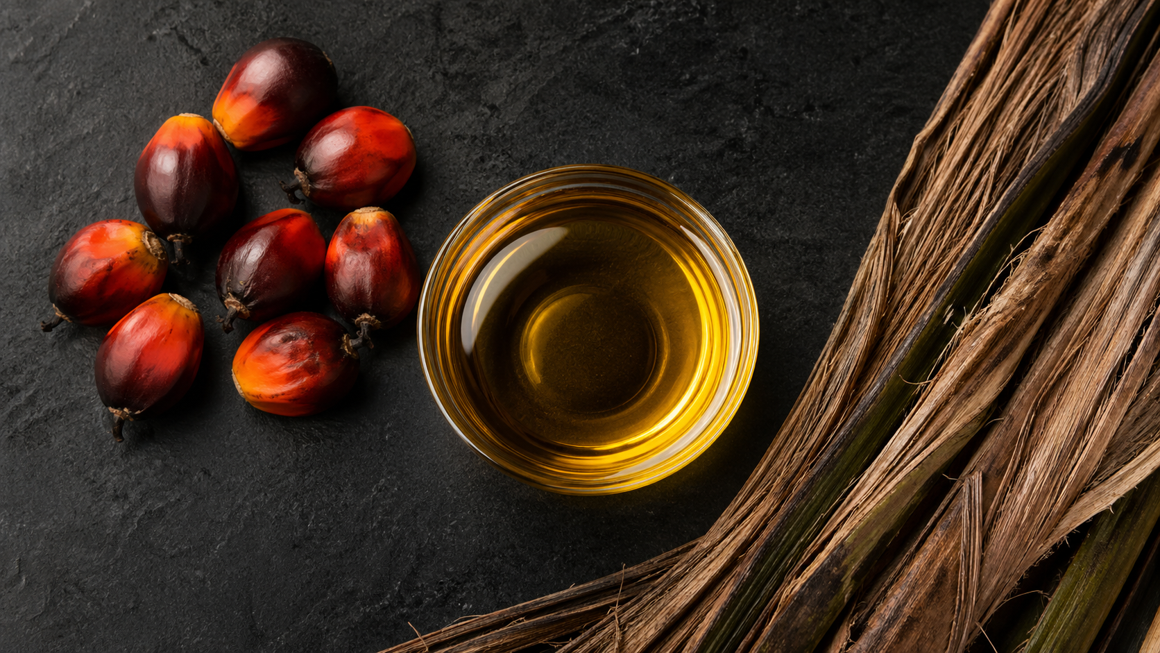 The image features a bowl of golden palm oil placed on a dark surface, surrounded by clusters of fresh palm fruit. Dried palm fronds are artistically arranged alongside the oil and fruit.