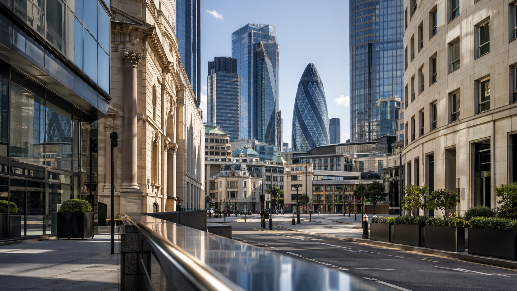 The image features a modern cityscape highlighting a mix of contemporary skyscrapers and historic architecture. It captures the juxtaposition of old and new buildings in an urban setting, emphasizing the dynamic nature of the city.