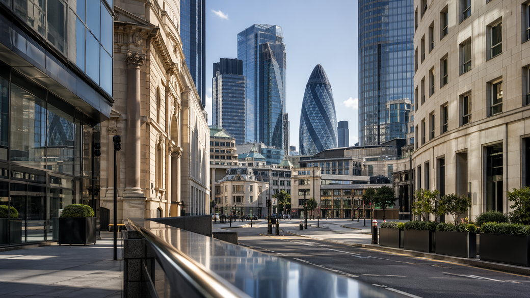 The image features a modern cityscape highlighting a mix of contemporary skyscrapers and historic architecture. It captures the juxtaposition of old and new buildings in an urban setting, emphasizing the dynamic nature of the city.
