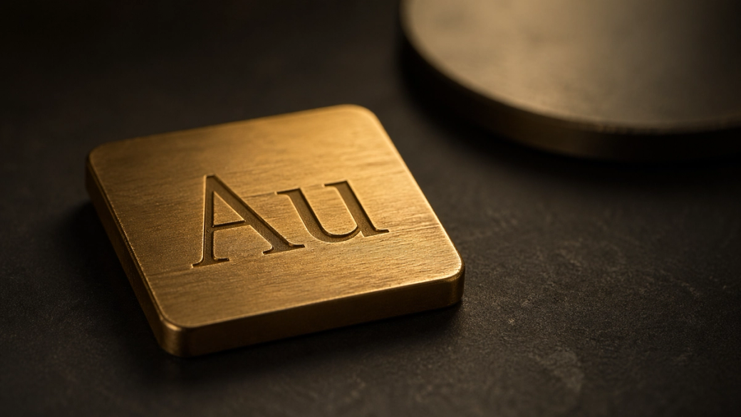 The image features a gold-colored metal square inscribed with the chemical symbol 'Au,' representing gold. The background appears to be a textured surface, adding depth to the composition.