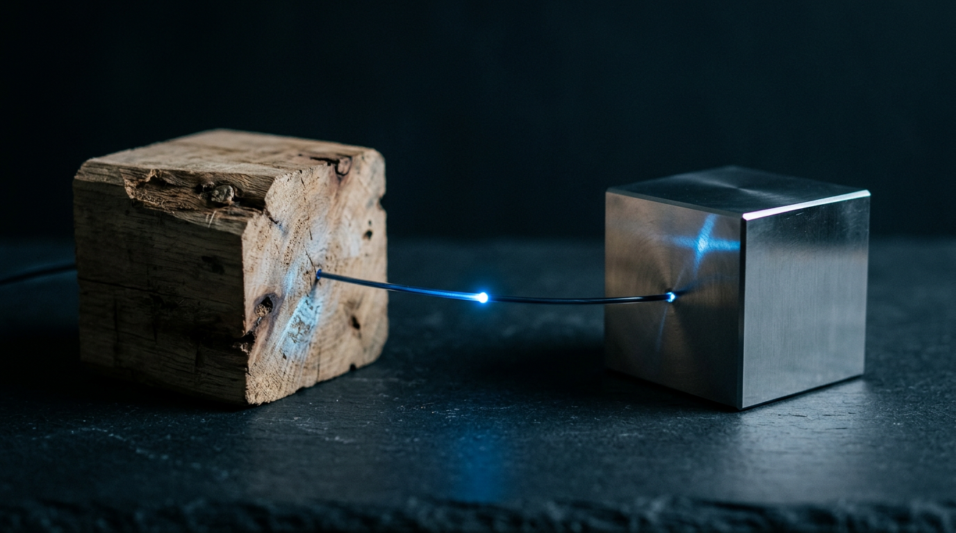 The image showcases a rough wooden block on the left and a polished steel cube on the right, connected by a thin fibre-optic strand emanating a cool blue light. This light represents data in motion, illustrating the contrast between raw, unstructured information and a precise, structured system.