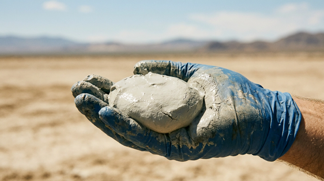 A close-up image features a gloved hand cupping a moist scoop of wet lithium clay, displaying its pale grey-white hue and smooth, dense texture. The background showcases a dry Nevada playa landscape with a pale sky, emphasizing the emerging frontier of lithium extraction from clay deposits.