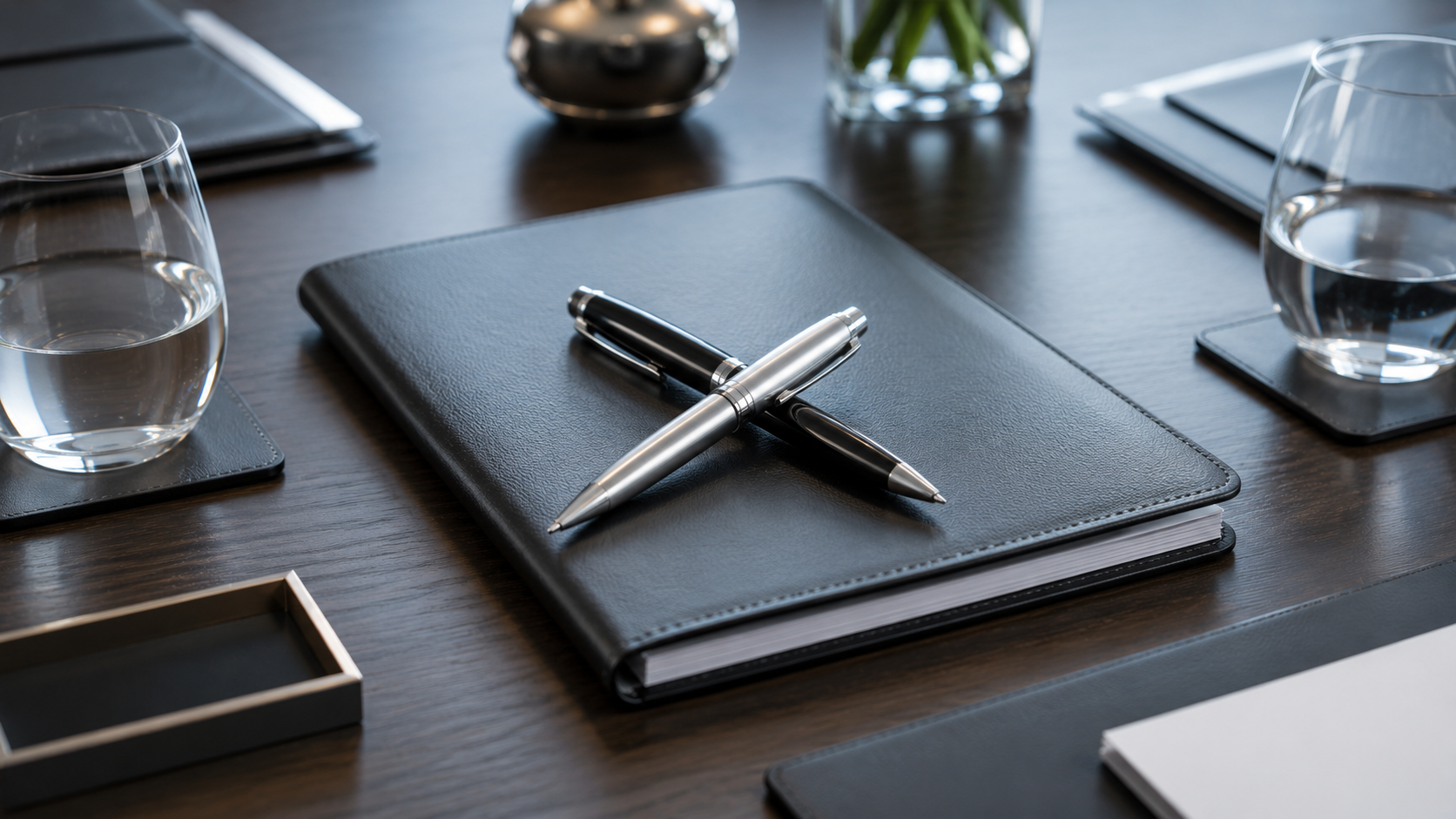 The image showcases a well-organized conference table setting with a sleek black notebook and two pens crossed over each other. Surrounding the notebook are glasses of water, a decorative vase with greenery, and neatly arranged office supplies.