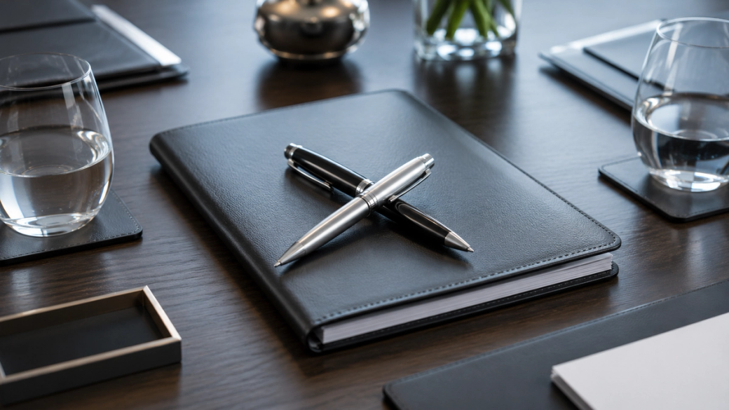 The image showcases a well-organized conference table setting with a sleek black notebook and two pens crossed over each other. Surrounding the notebook are glasses of water, a decorative vase with greenery, and neatly arranged office supplies.