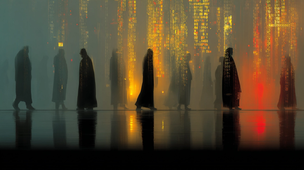 The image features silhouetted figures in long cloaks walking through a misty environment adorned with cascading digital code. The scene evokes a blend of mystery and technology, with soft glowing colors in the background enhancing its futuristic atmosphere.