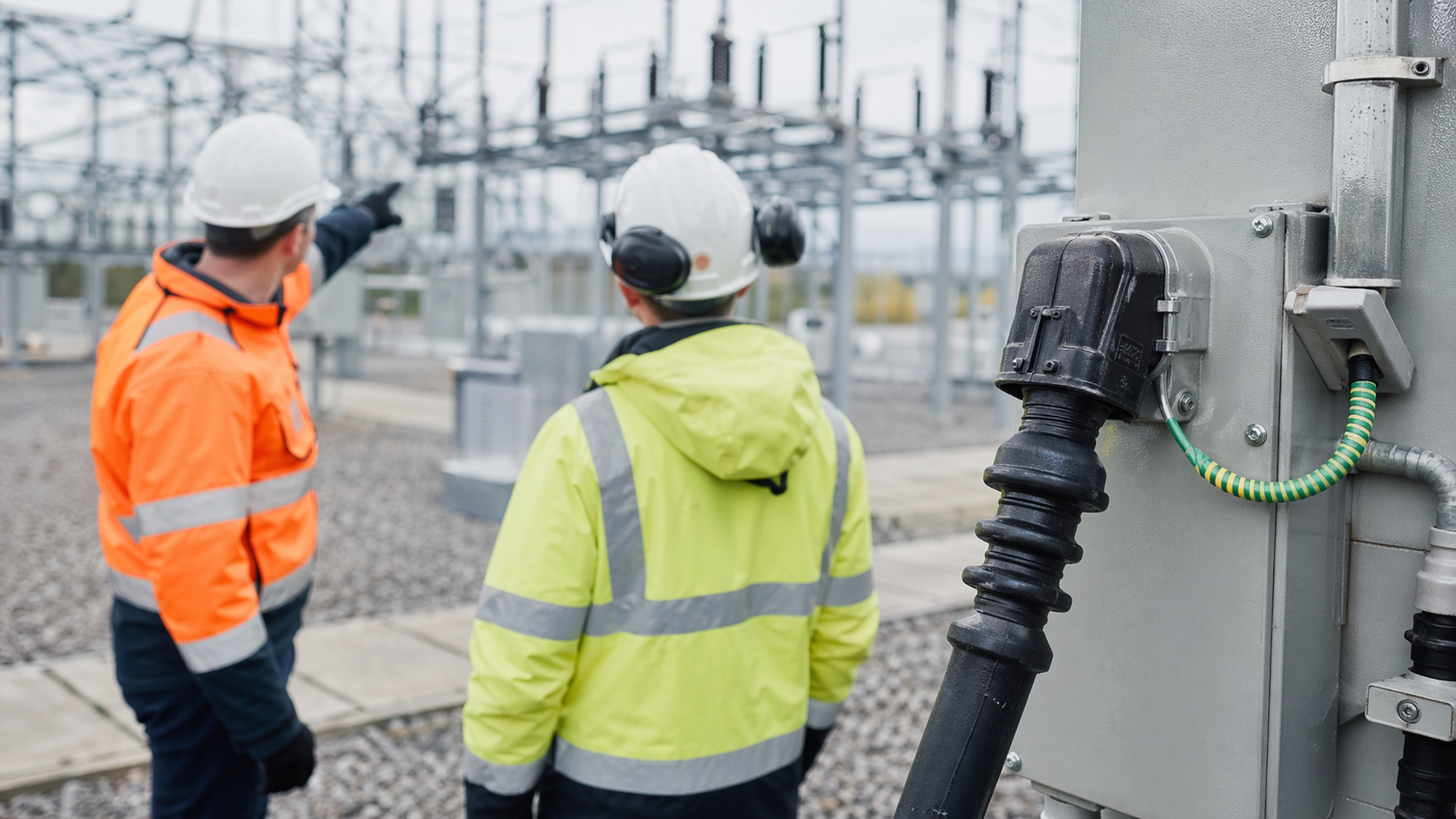 Two workers are examining and discussing equipment at an electrical substation. One worker points towards the electrical infrastructure while standing in a gravel area, indicating a focus on maintenance or operational procedures.