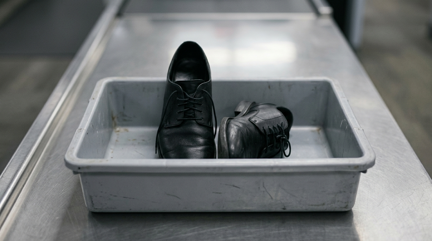 The image features a pair of plain black lace-up shoes placed in a worn grey plastic security bin situated on a stainless steel conveyor surface. One shoe is upright while the other lies toppled on its side, suggesting a sense of haste and the ritual of compliance associated with modern travel. The stark composition, illuminated by cool fluorescent lighting, conveys an abstract narrative of surrender and the sometimes absurd nature of security protocols.