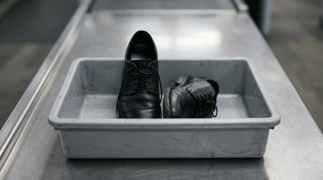 The image features a pair of plain black lace-up shoes placed in a worn grey plastic security bin situated on a stainless steel conveyor surface. One shoe is upright while the other lies toppled on its side, suggesting a sense of haste and the ritual of compliance associated with modern travel. The stark composition, illuminated by cool fluorescent lighting, conveys an abstract narrative of surrender and the sometimes absurd nature of security protocols.