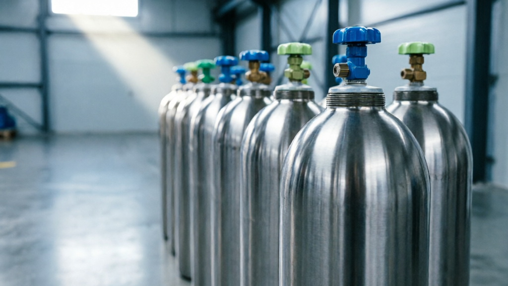 The image features multiple metallic gas cylinders lined up in an industrial setting. The interior is well-lit with light streaming through a window, highlighting the cylinders.