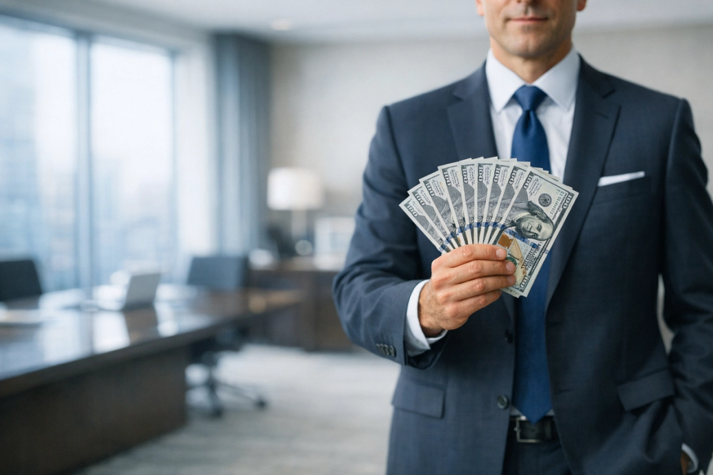 A businessman in a formal suit stands in a modern office, confidently displaying a fan of hundred-dollar bills. The office background features a large conference table and bright windows, indicating a professional setting.