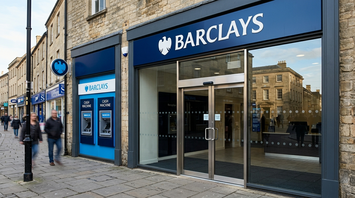 The image shows the storefront of a Barclays bank branch located on a British high street. The blue-and-white fascia signage prominently features the Barclays blue eagle emblem, with glass doors reflecting the surrounding street environment under crisp daylight.