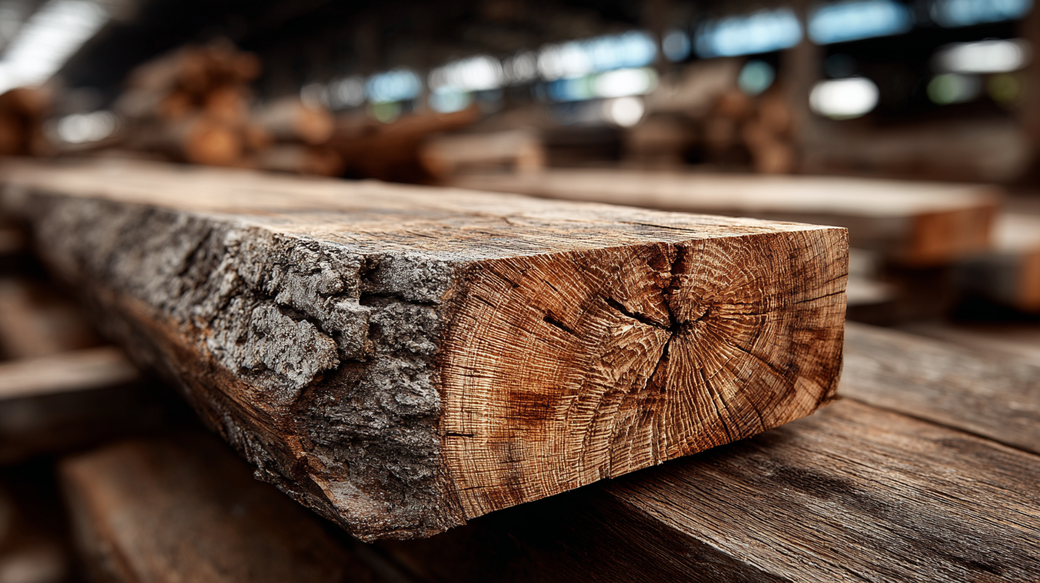 The image features a close-up view of a section of a wooden log, showcasing its natural grain and texture. The log is placed on a stack of lumber in a warehouse setting, emphasizing its raw, organic characteristics.