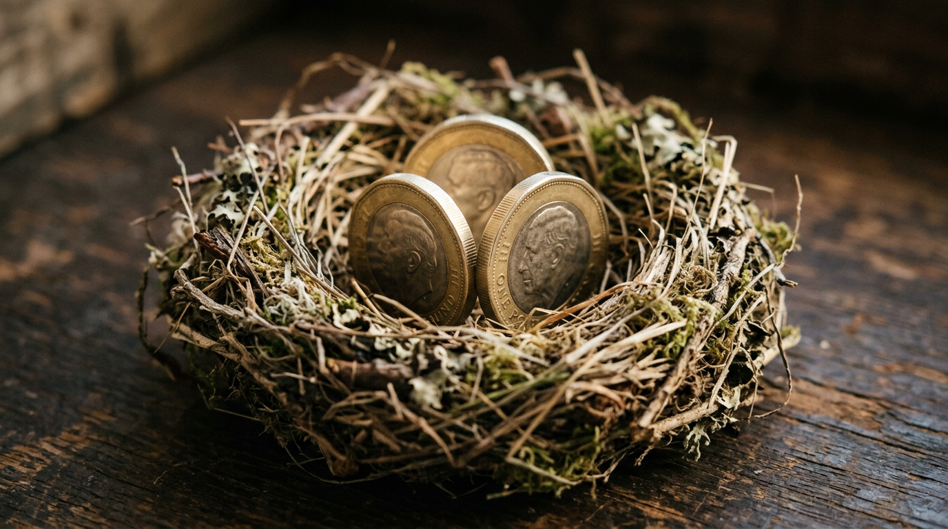 The image features a bird's nest made from twigs, moss, and dry grass, containing three King Charles pound coins standing on edge in a triangular arrangement. The warm light on the coins highlights their gold centres and cool silver rims, juxtaposing the organic texture of the nest with the precise geometry of the coins, symbolizing the protection of value and the instinct to gather.
