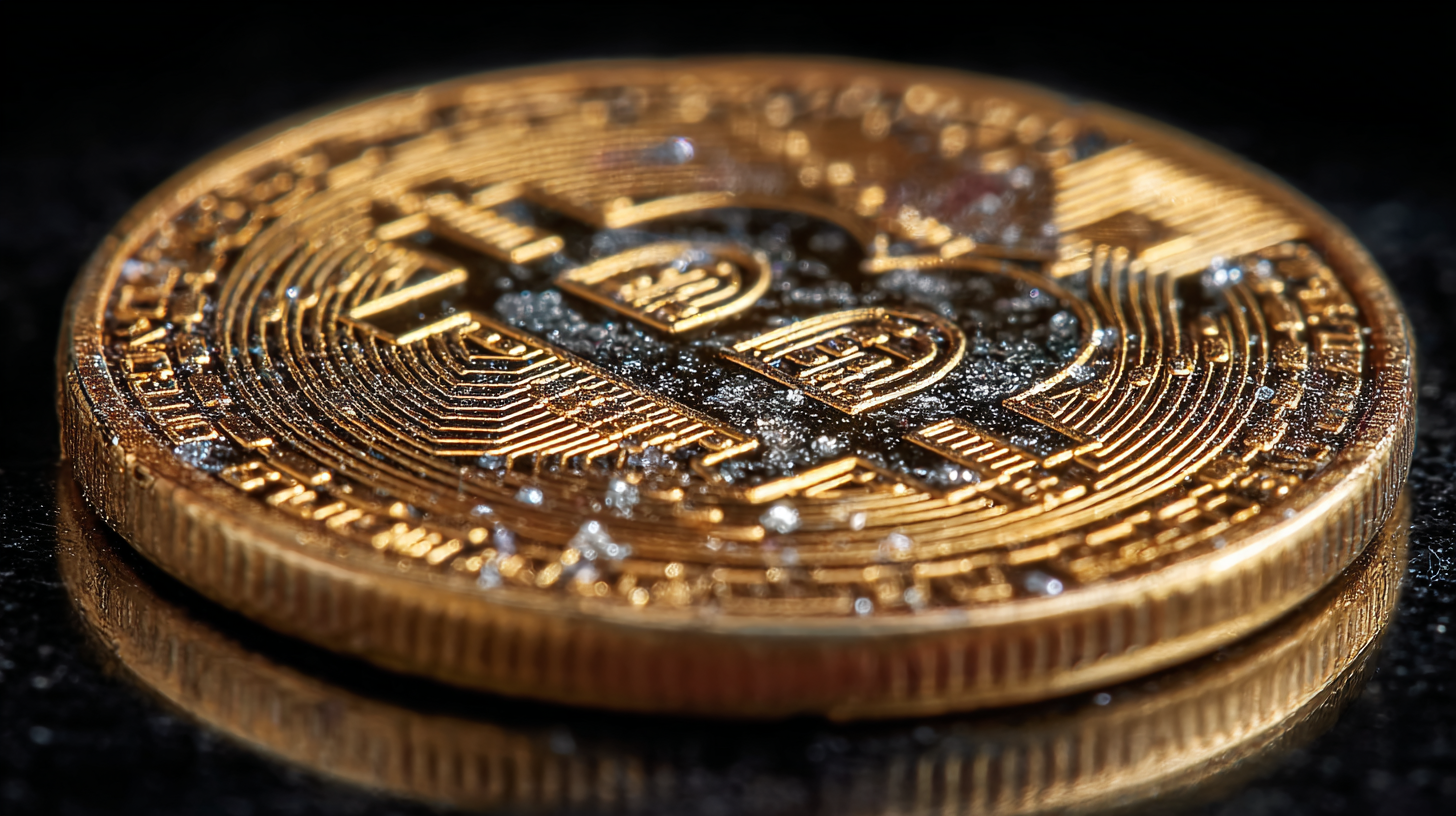 The image features a close-up view of a Bitcoin, showcasing its distinct physical characteristics including the intricate details on the surface. The coin is set against a reflective black background, emphasizing its metallic sheen.