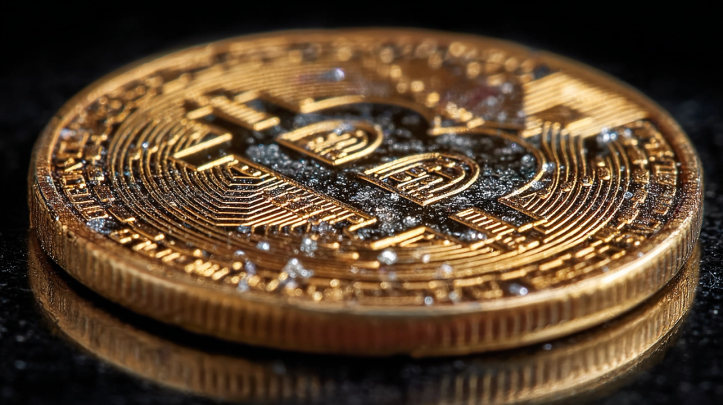 The image features a close-up view of a Bitcoin, showcasing its distinct physical characteristics including the intricate details on the surface. The coin is set against a reflective black background, emphasizing its metallic sheen.
