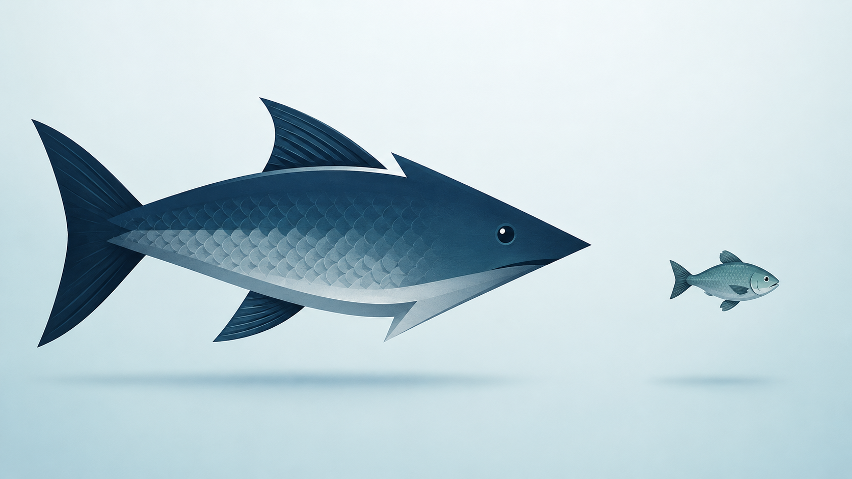 The image features a large, stylized fish pursuing a smaller fish in a minimalist design. The background is a soft gradient, emphasizing the fish as the central focus of the composition.