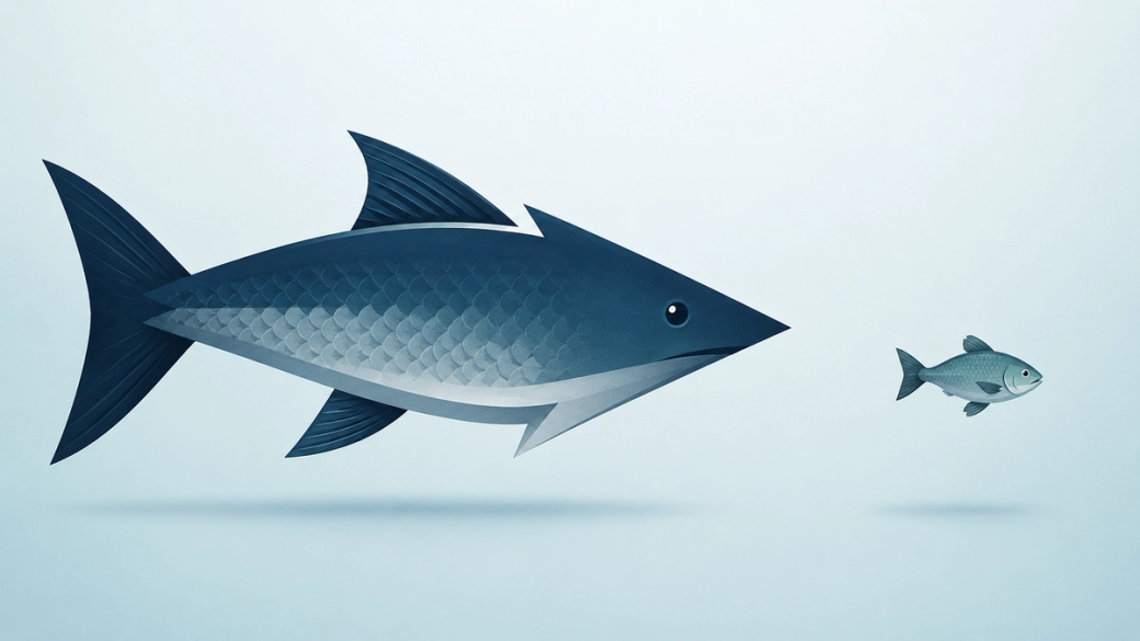 The image features a large, stylized fish pursuing a smaller fish in a minimalist design. The background is a soft gradient, emphasizing the fish as the central focus of the composition.