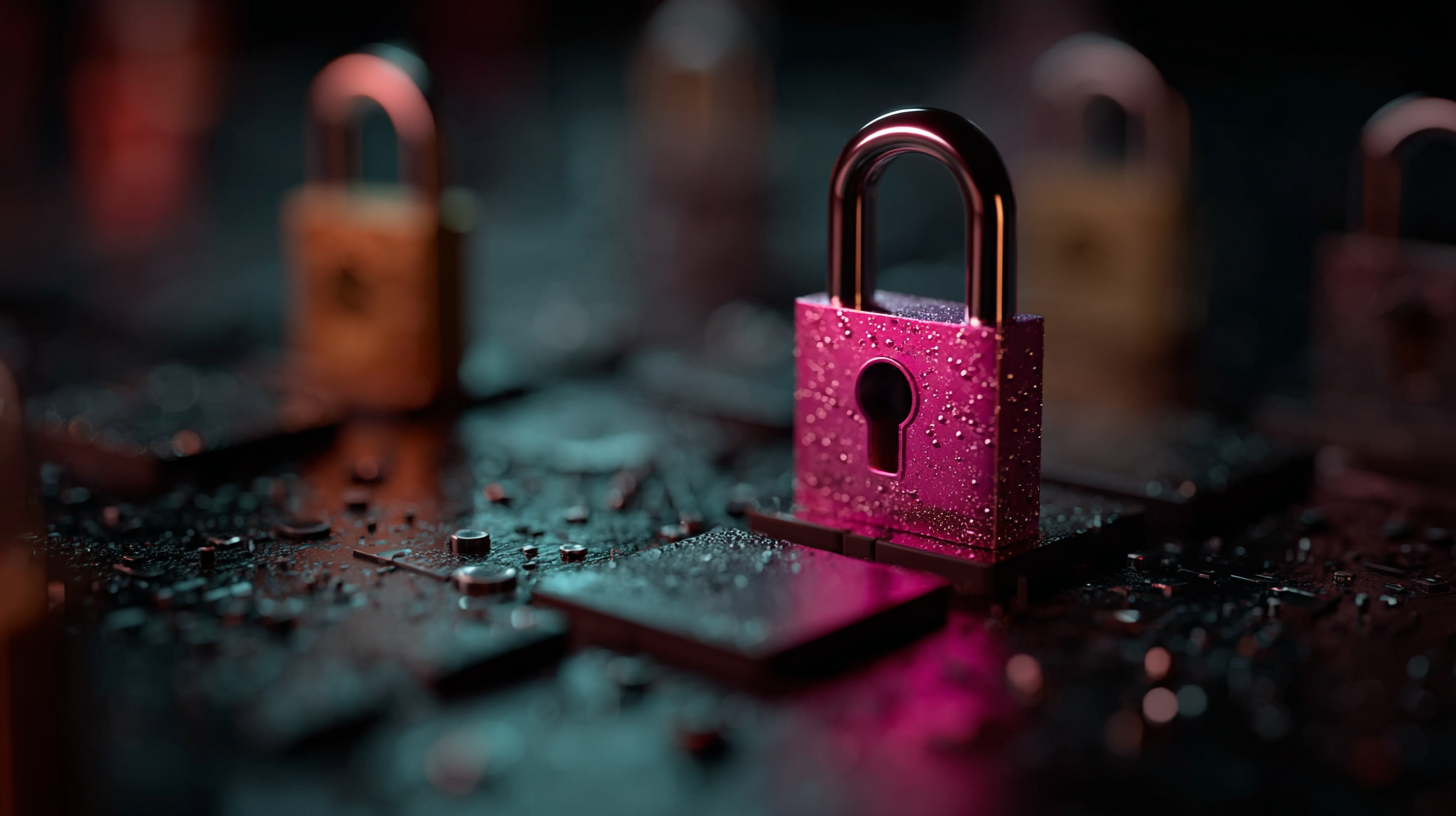 The image features several colorful padlocks on a wet surface, adorned with droplets of water. The blurred background suggests a digital or technological theme, enhancing the focus on security.