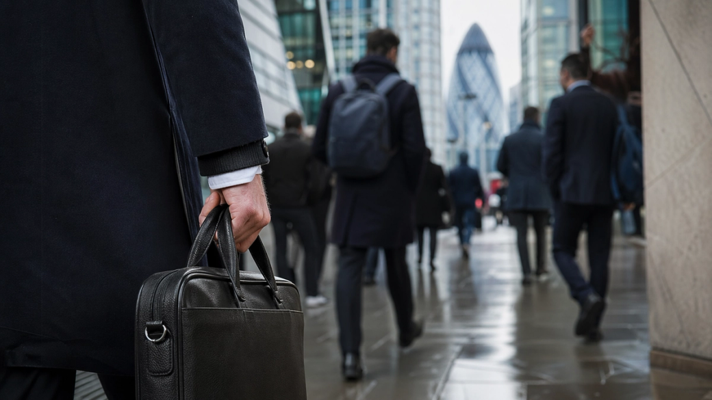 The image depicts a busy urban street scene in a financial district, with people walking past high-rise buildings. In the foreground, a person holds a briefcase, suggesting a professional commute.
